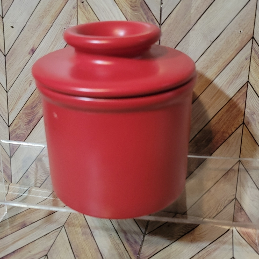 L.Tremain Red Butter Keeper Crock Keeper Stoneware 4" Bell Shape